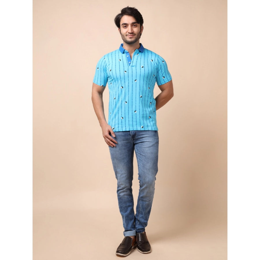Skyblue cotton printed polo neck half sleeve men's casual T-shirt with vibrant pattern detail