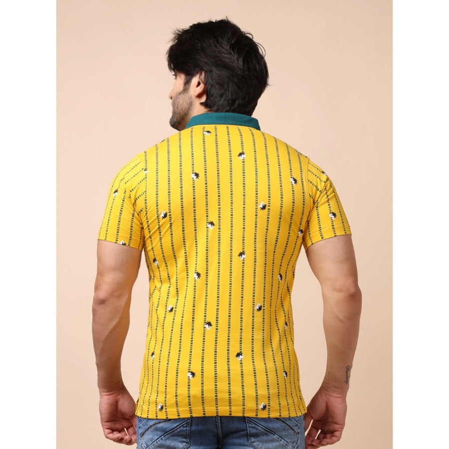 Yellow cotton printed polo neck half sleeve t-shirt for men - casual style with vibrant pattern