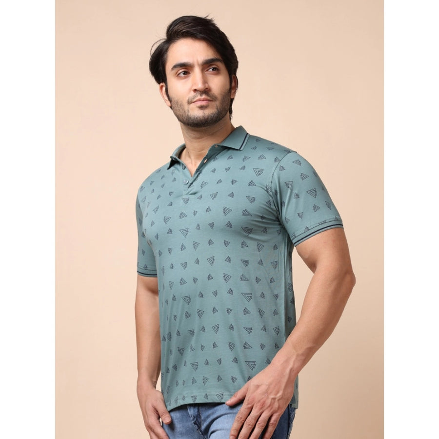 Grey cotton printed polo neck half sleeve men's t-shirt with casual style pattern