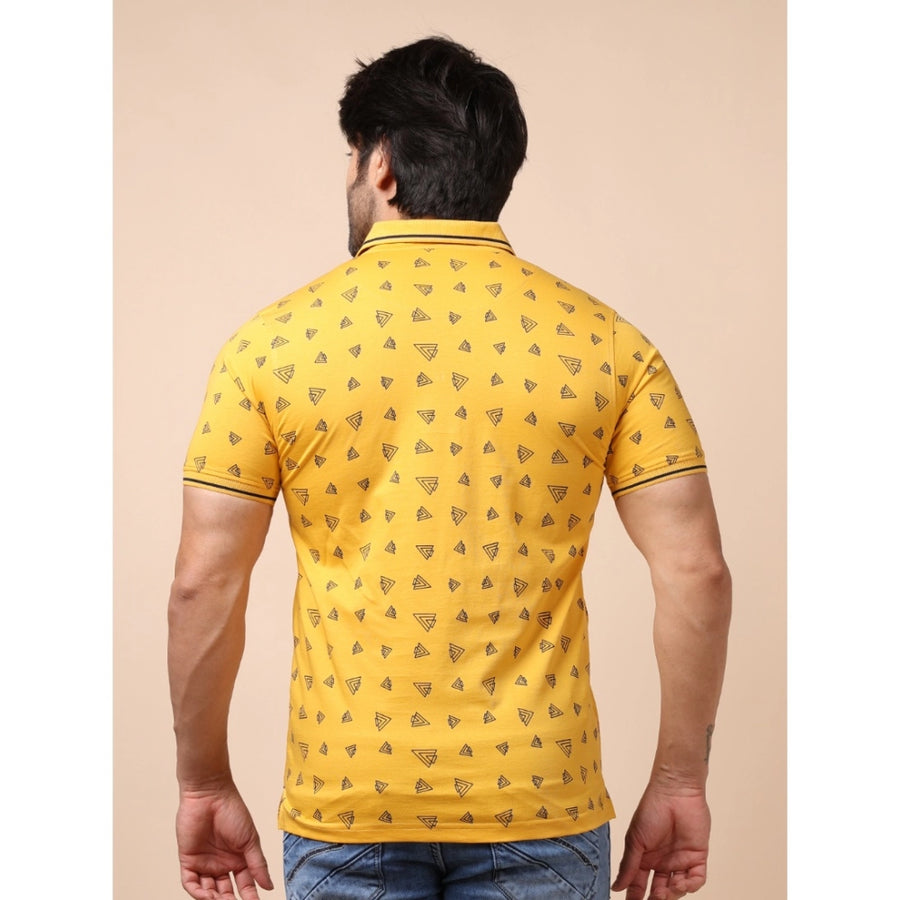 Men's mustard cotton printed polo neck half sleeve t-shirt - casual style with distinctive pattern