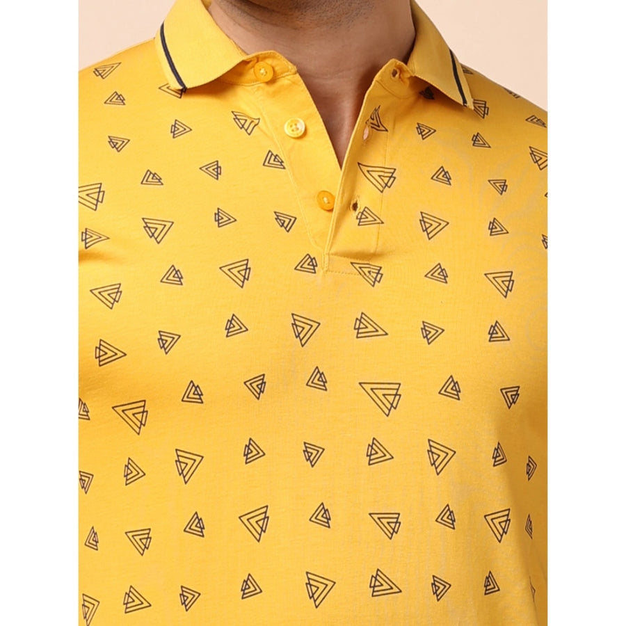 Men's casual cotton printed mustard polo neck half sleeve t-shirt - vibrant color on display
