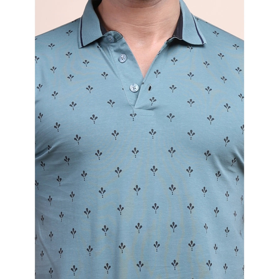 Grey cotton printed polo neck half sleeve men's casual t-shirt with vibrant design