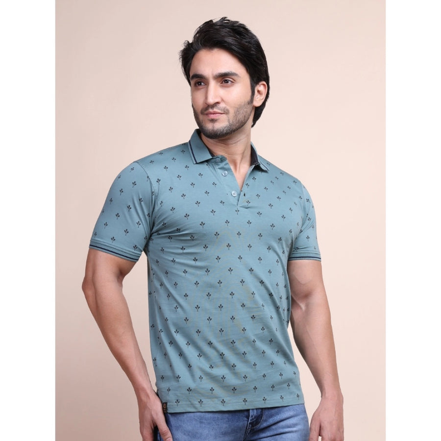 Grey cotton printed polo neck half sleeve t-shirt for men, casual wear with patterned design