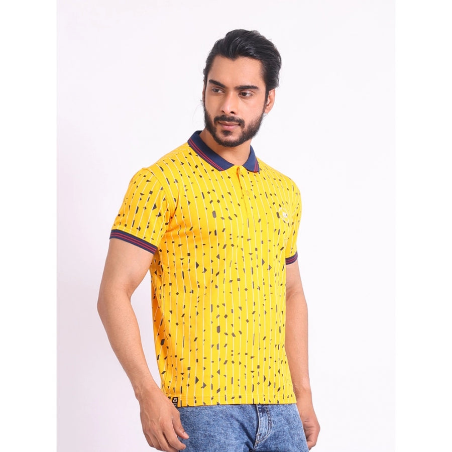 Turmeric cotton printed polo neck half sleeve men's t-shirt, casual style with vibrant pattern on chest area