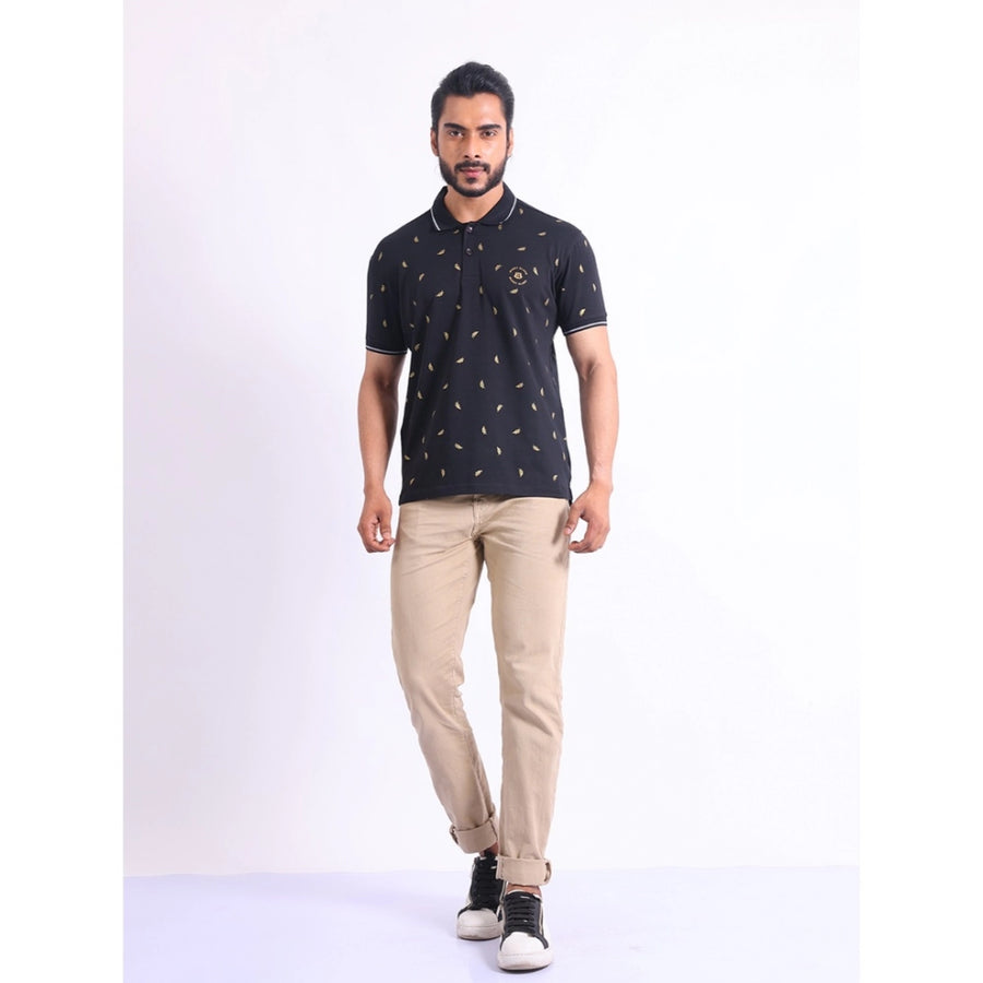 Black cotton printed polo neck half sleeve t-shirt for men, casual style