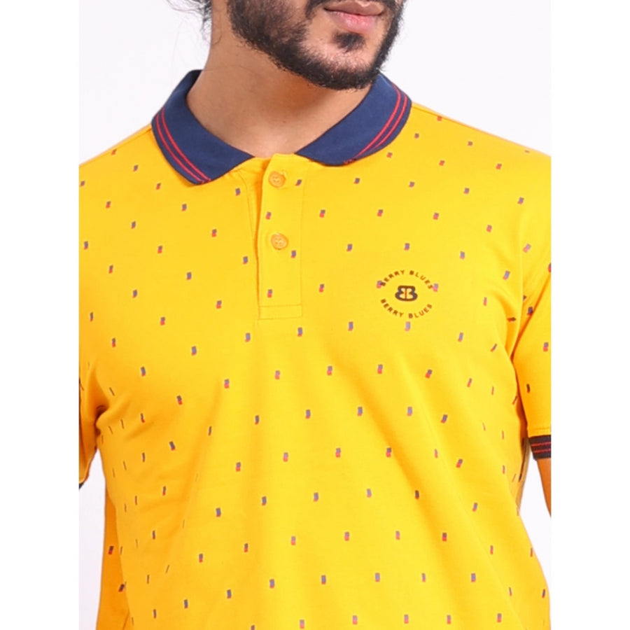 Turmeric cotton printed polo neck half sleeve t-shirt for men's casual wear, vibrant pattern detail