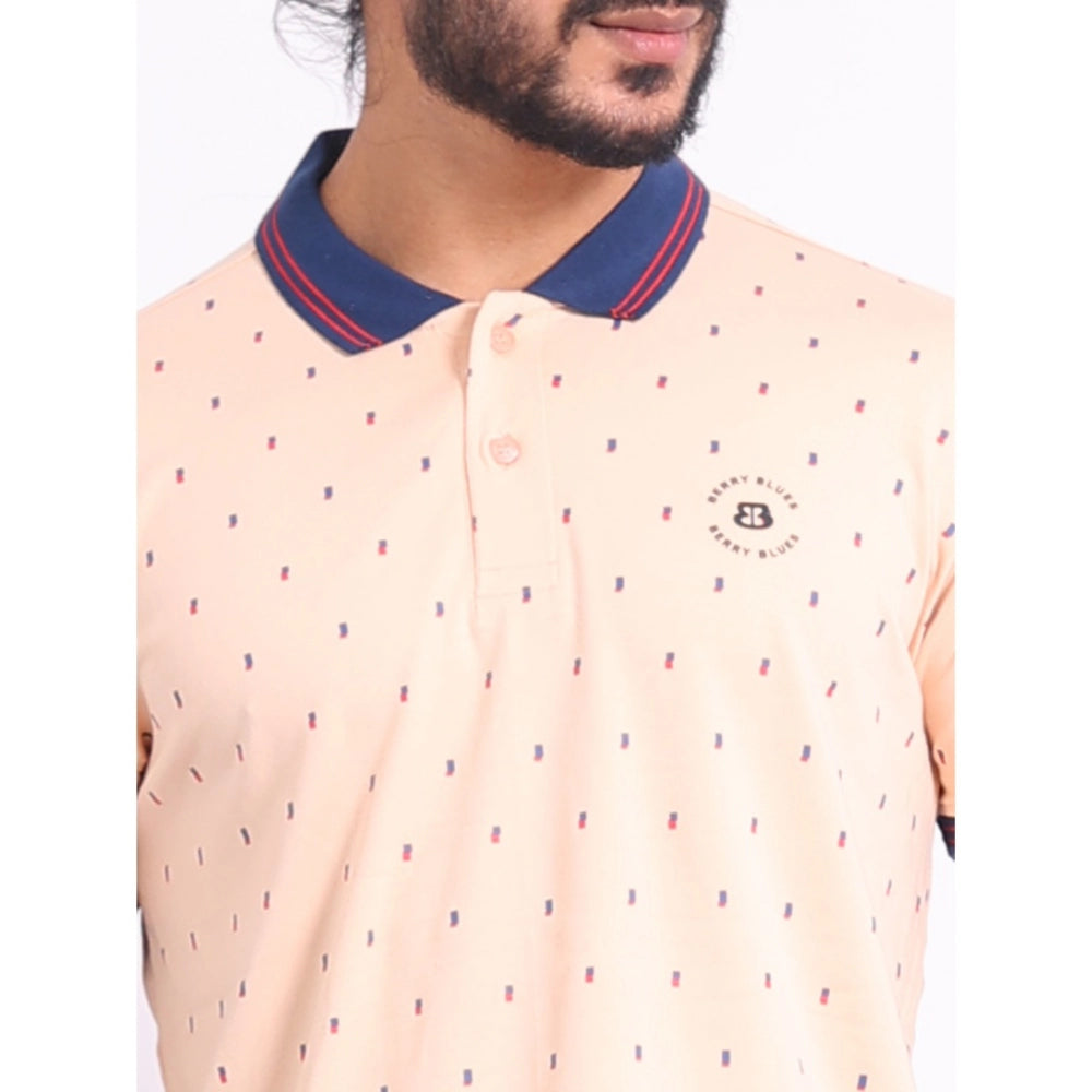 Men's casual cotton printed peach polo neck half sleeve T-shirt, vibrant pattern on display