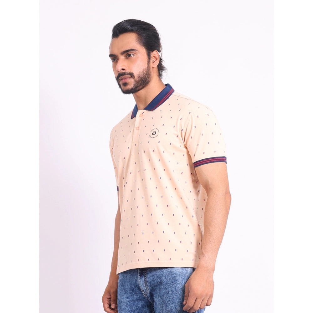 Peach cotton printed polo neck half sleeve t-shirt for men's casual wear, vibrant pattern detail on display