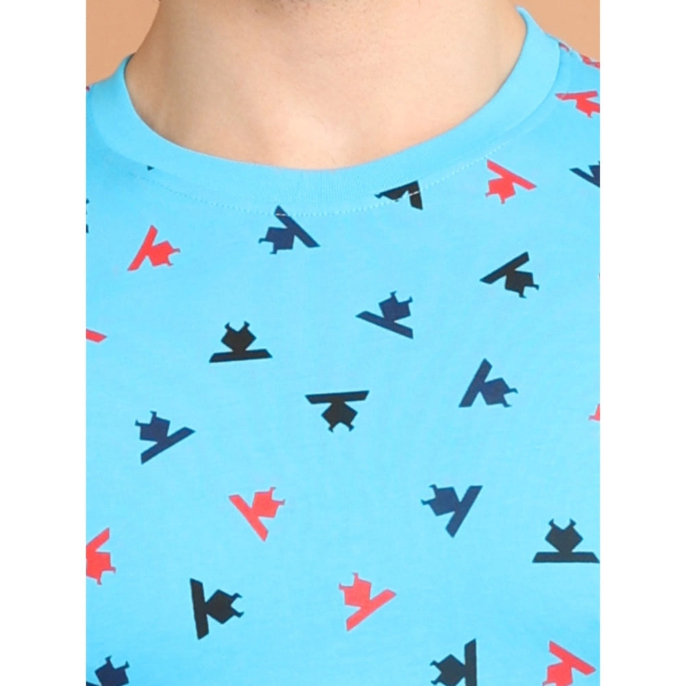 Skyblue cotton printed round neck half sleeve men's casual t-shirt with vibrant pattern detail