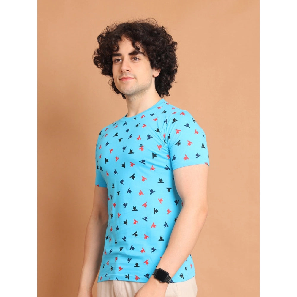 Skyblue cotton printed men's casual round neck half sleeve t-shirt with vibrant design detail