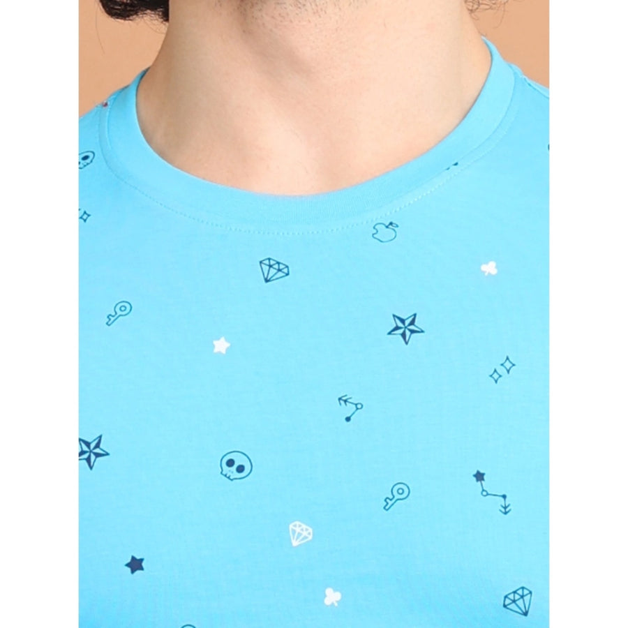 Skyblue cotton printed round neck half sleeve men's casual t-shirt with vibrant pattern detail