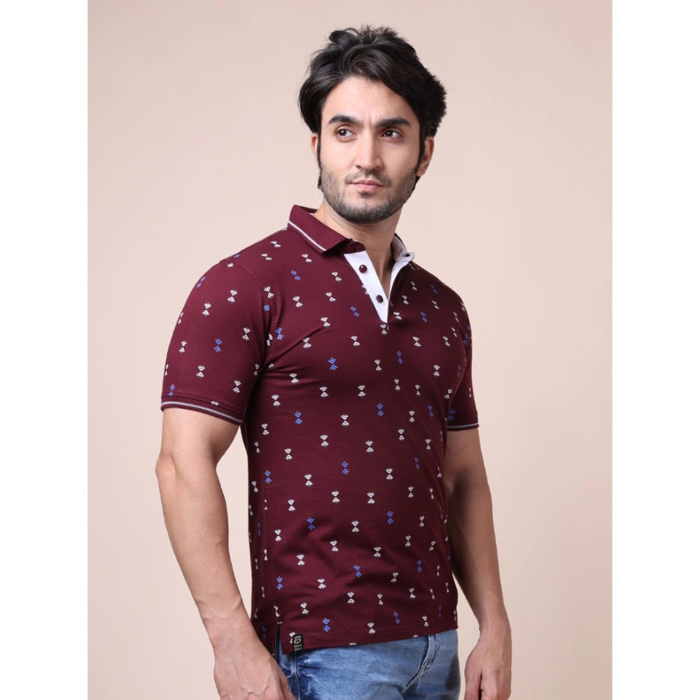 Plum cotton printed polo neck half sleeve men's casual t-shirt - vibrant style for everyday wear