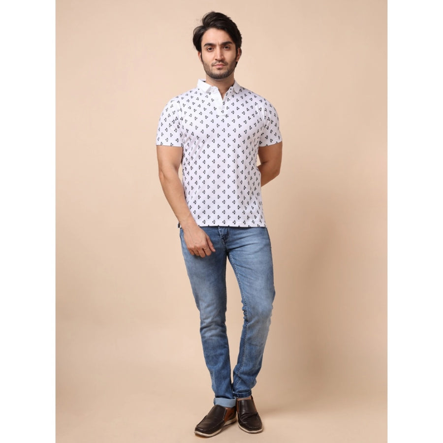 White cotton printed polo neck half sleeve t-shirt with casual style, featuring a vibrant pattern on front