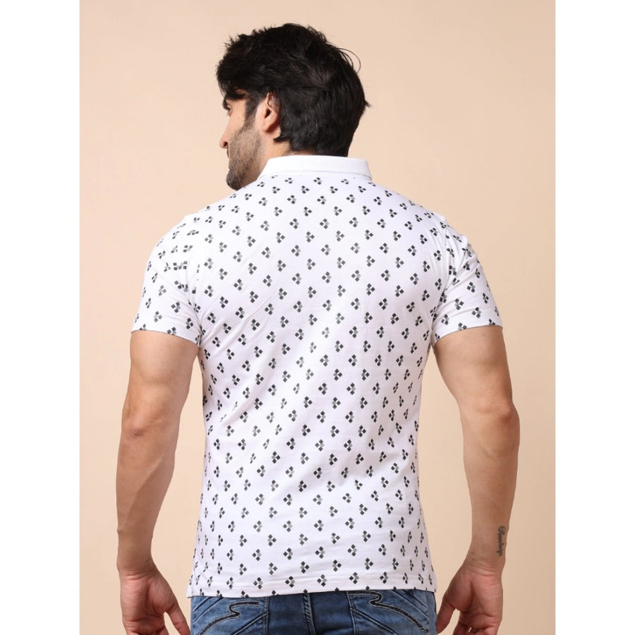 White cotton printed polo neck half sleeve t-shirt with casual style pattern