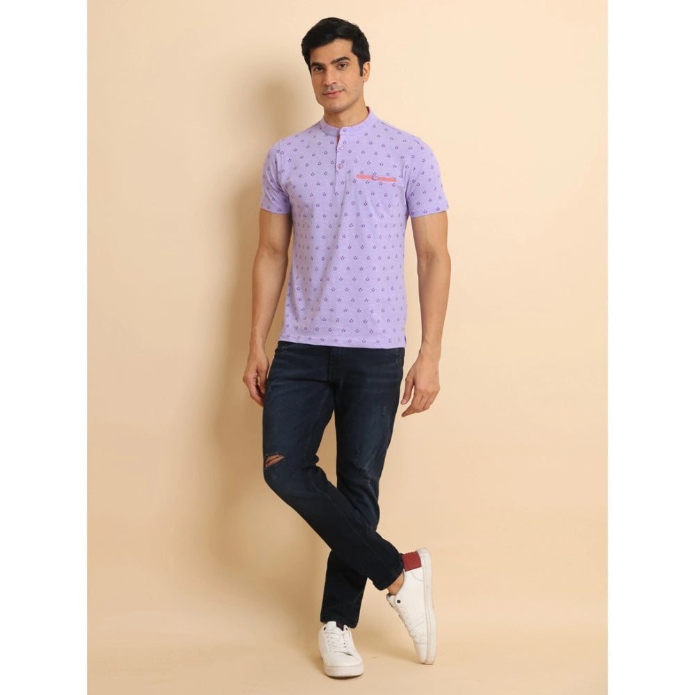 Men's lavender cotton printed mandarin collar half sleeve t-shirt with vibrant pattern detail