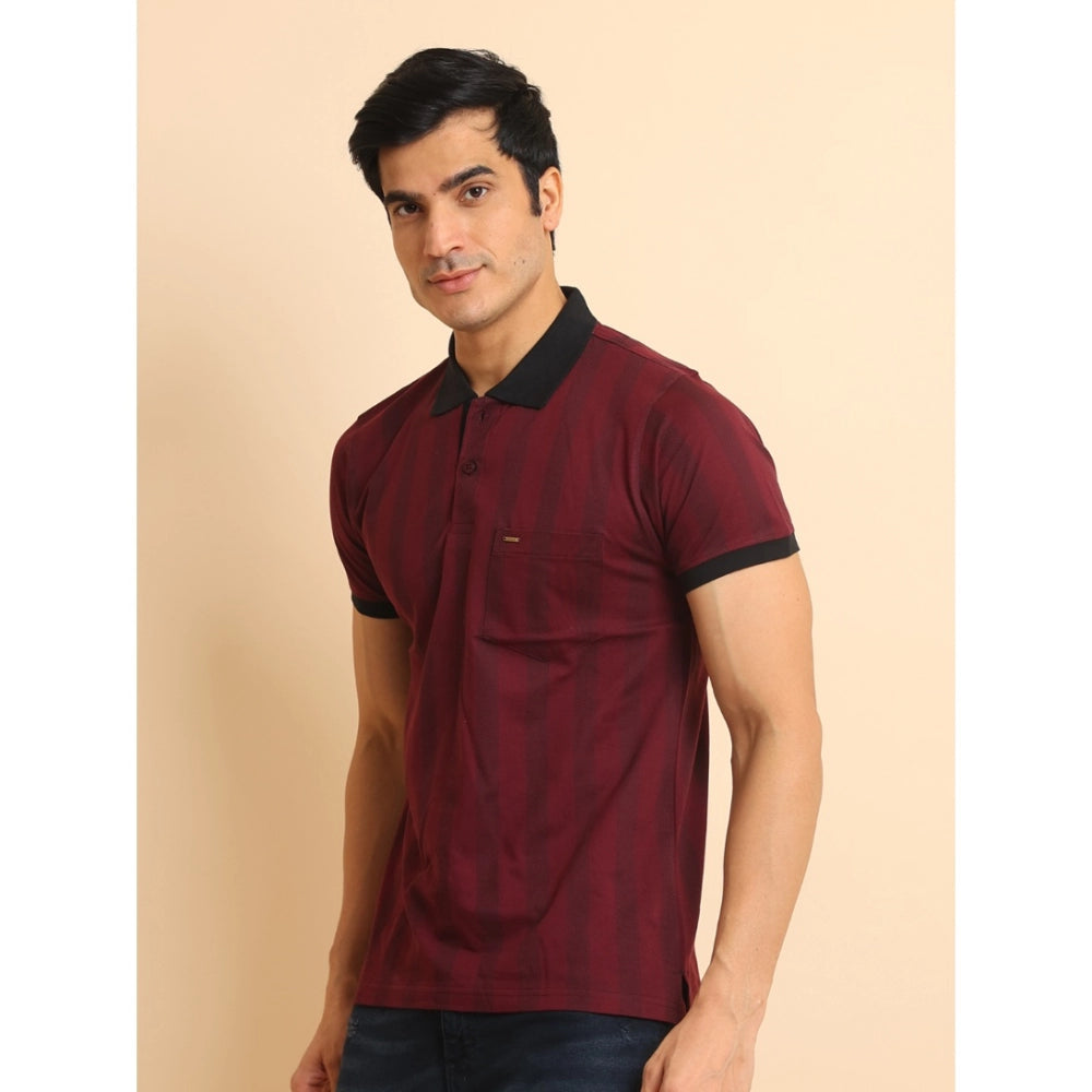 Plum cotton printed polo neck half sleeve men's t-shirt - casual, comfortable fashionwear on model
