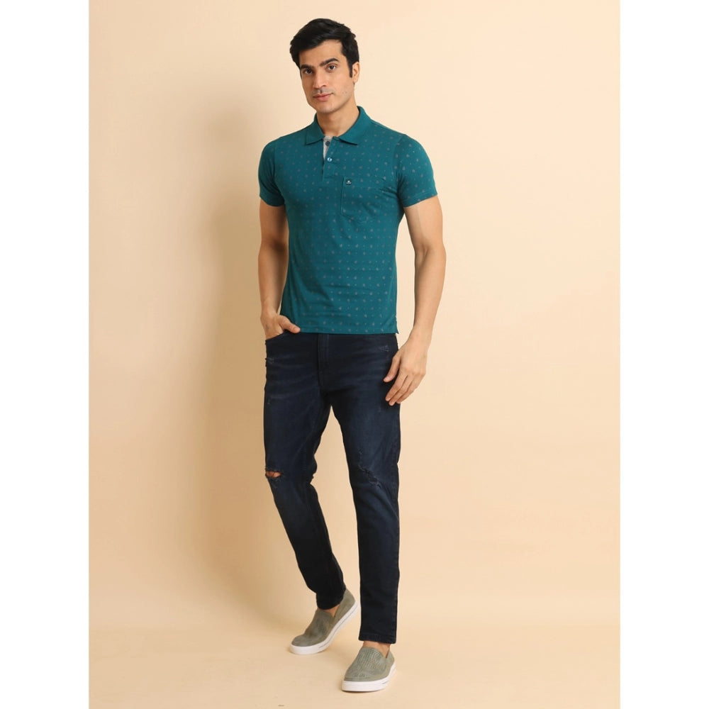 Green cotton printed polo neck half sleeve t-shirt for men's casual wear