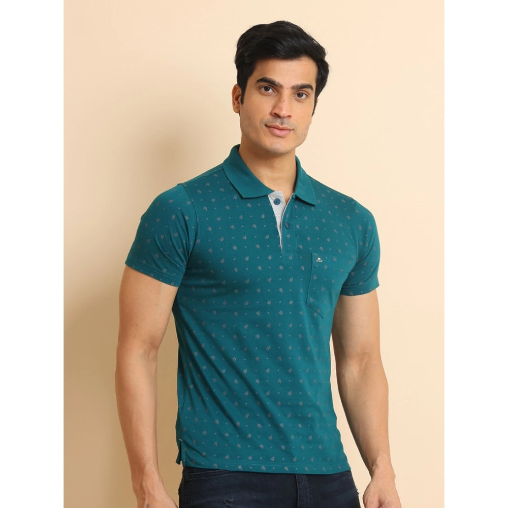 Green cotton printed polo neck half sleeve t-shirt for men, casual style on hangar