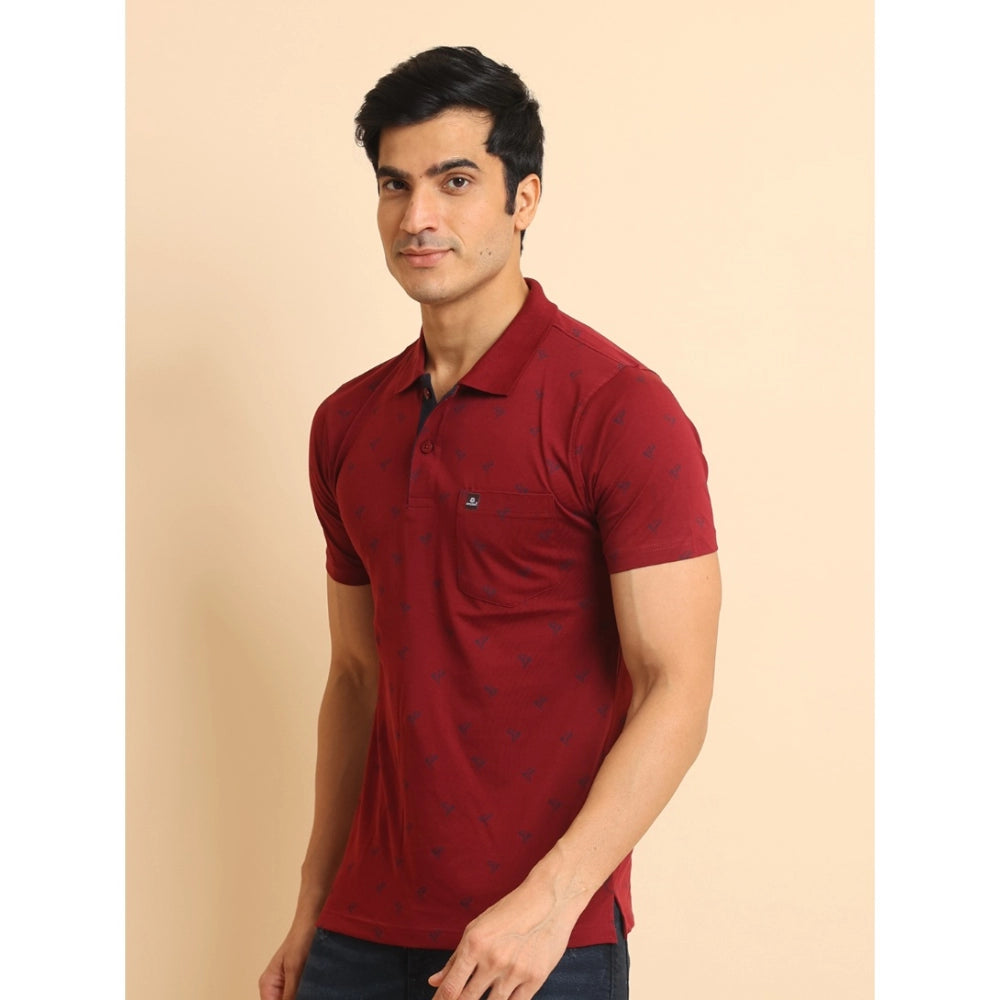 Men's casual cotton printed polo neck half sleeve red t-shirt with vibrant pattern detail