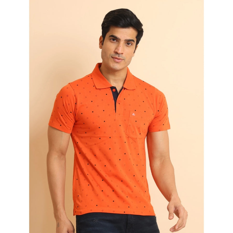 Rust cotton printed polo neck half sleeve t-shirt for men, casual style