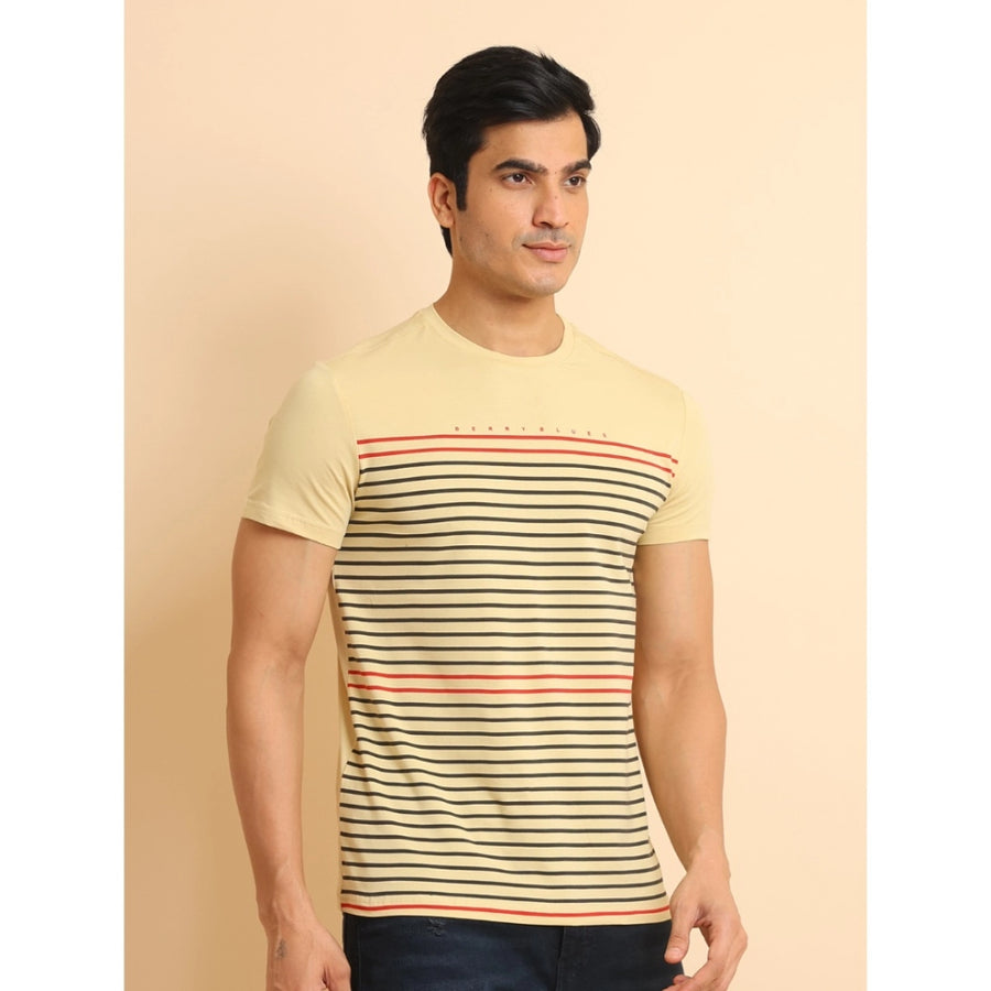 Beige cotton printed round neck half sleeve casual t-shirt for men - vibrant design on display stand