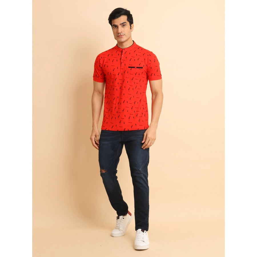 Red cotton printed mandarin collar half sleeve t-shirt for men - vibrant design, casual style on hangar