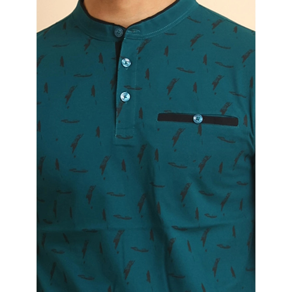 Green cotton printed men's casual half sleeve mandarin collar T-shirt with vibrant design detail