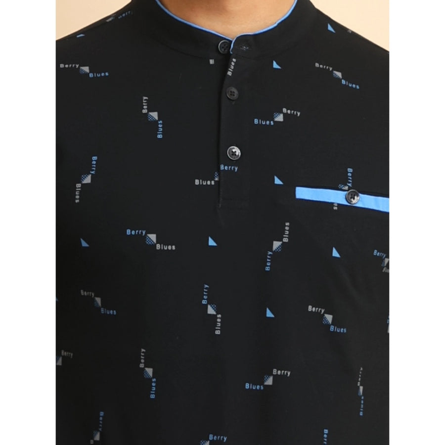Navy cotton printed mandarin collar half sleeve t-shirt with vibrant design