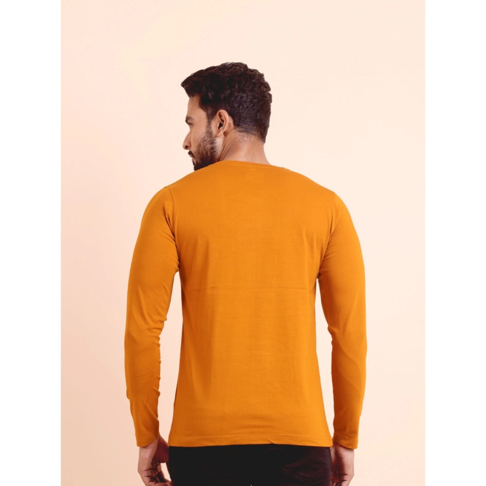 Men's casual cotton mustard solid V neck full sleeve t-shirt on hanger