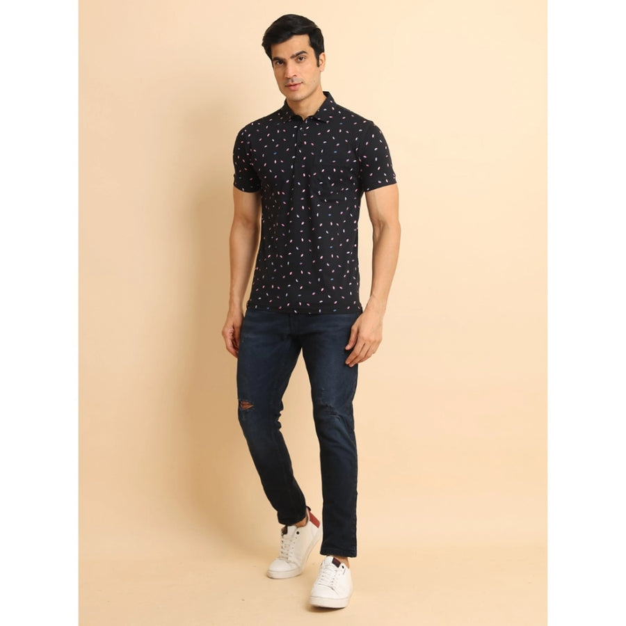 Black cotton printed polo neck half sleeve t-shirt with casual style and unique pattern