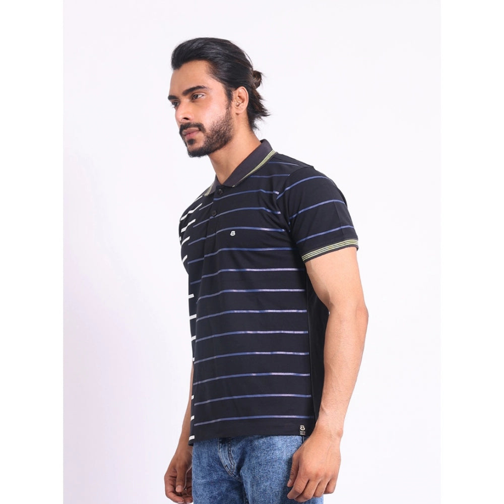 Black cotton printed polo neck half sleeve t-shirt for men, casual style with patterned design
