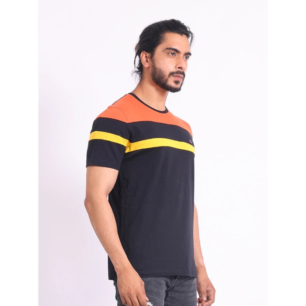 Black cotton printed men's casual round neck half sleeve t-shirt with vibrant pattern design