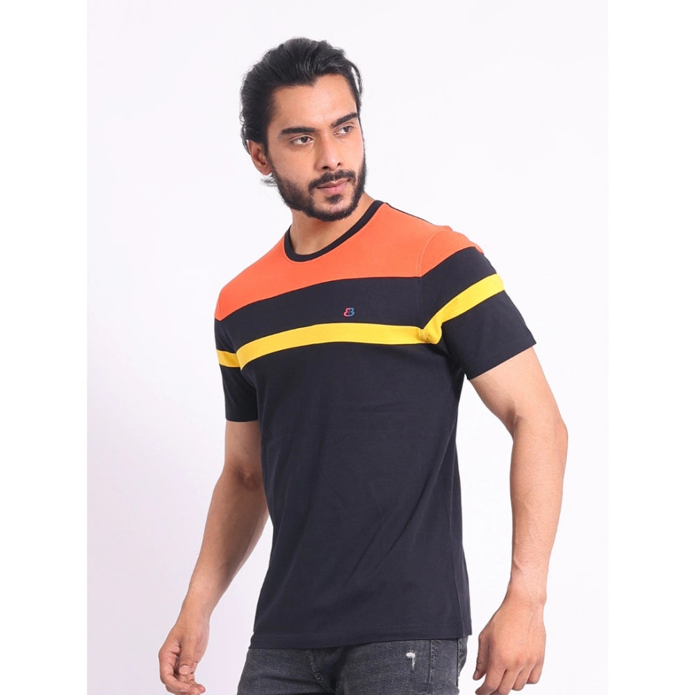 Black cotton printed men's casual round neck half sleeve t-shirt with vibrant pattern detail