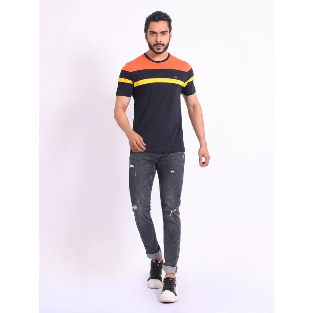 Black cotton printed round neck half sleeve men's casual t-shirt with vibrant pattern design