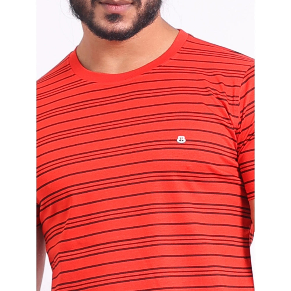 Red cotton printed half sleeve casual t-shirt for men, round neck design with vibrant pattern detail