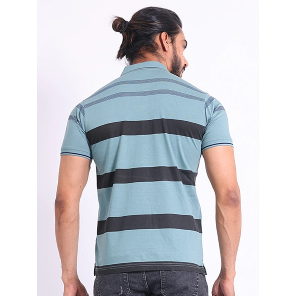 Green cotton printed polo neck half sleeve t-shirt for men, casual style with distinctive pattern