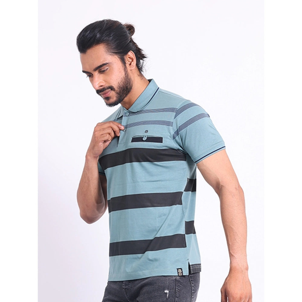 Green cotton printed polo neck half sleeve t-shirt for men's casual wear