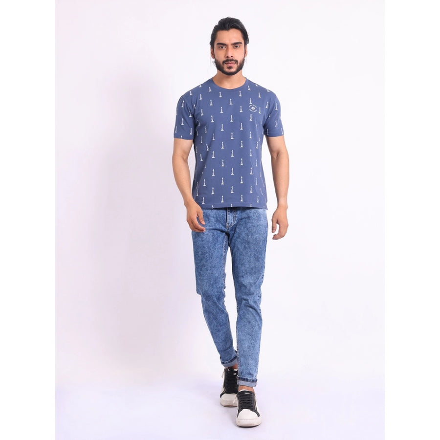 Blue cotton printed men's casual round neck half sleeve t-shirt with vibrant design