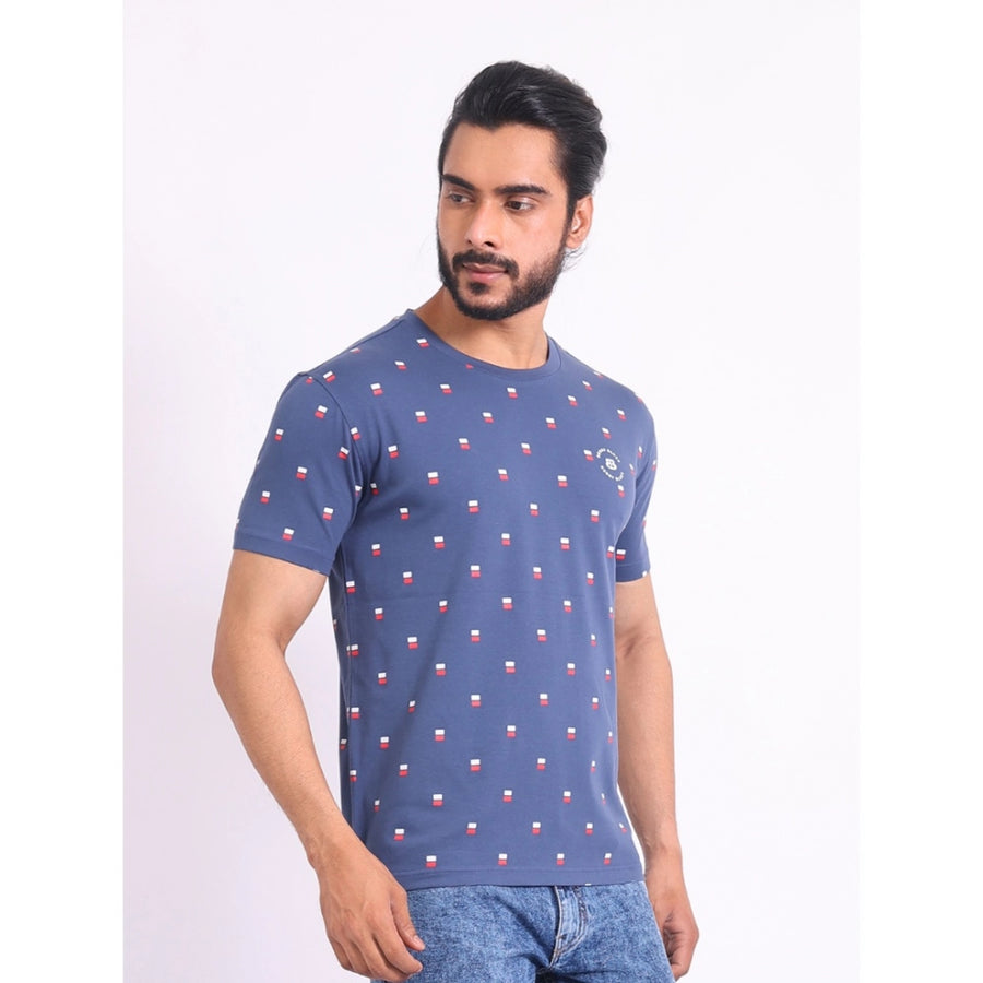 Blue cotton printed round neck half sleeve t-shirt for men, casual style