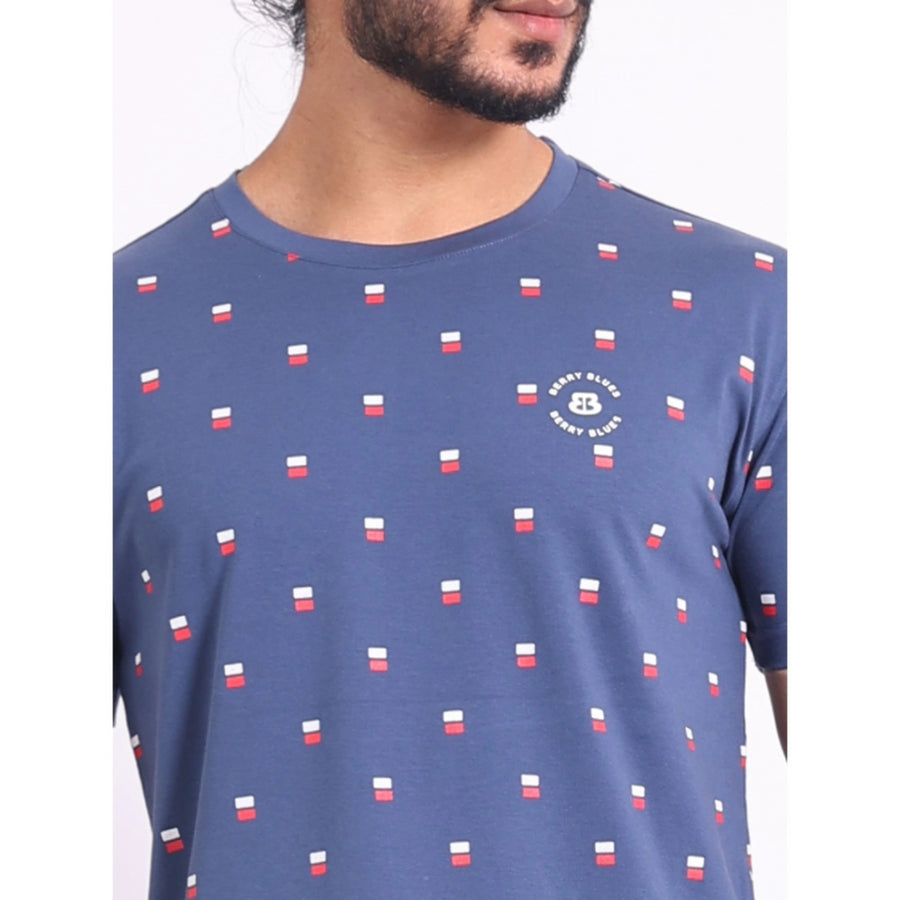 Blue cotton printed casual t-shirt with half sleeves, round neck design