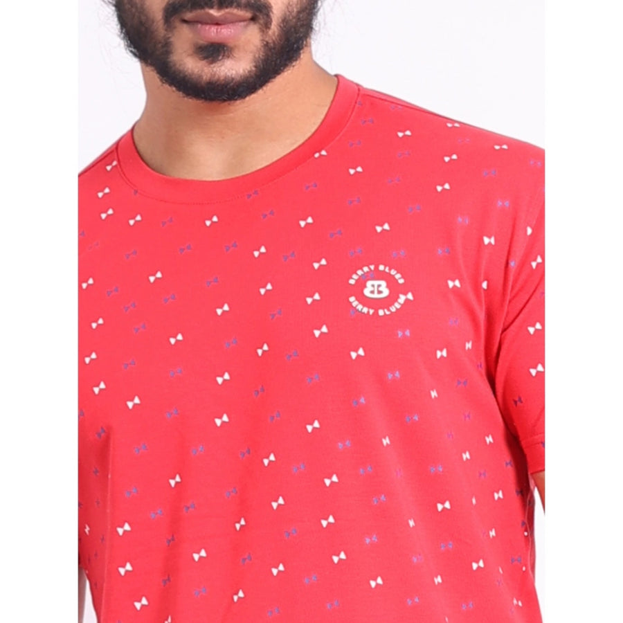 Red cotton men's casual printed half sleeve round neck t-shirt