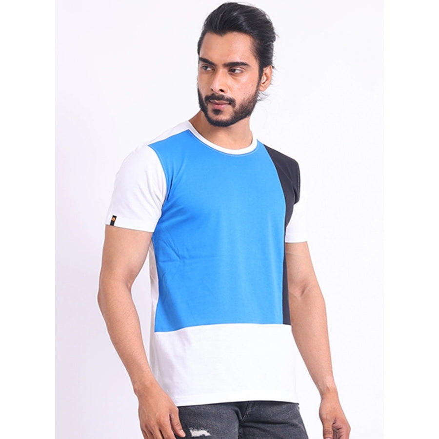 Blue cotton printed round neck half sleeve men's casual t-shirt with vibrant design