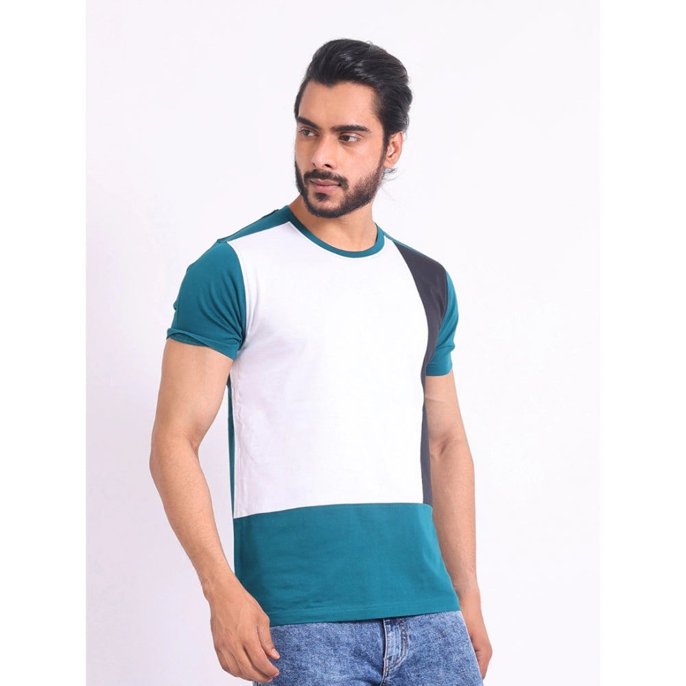 Green cotton printed round neck half sleeve casual t-shirt for men, featuring vibrant pattern design