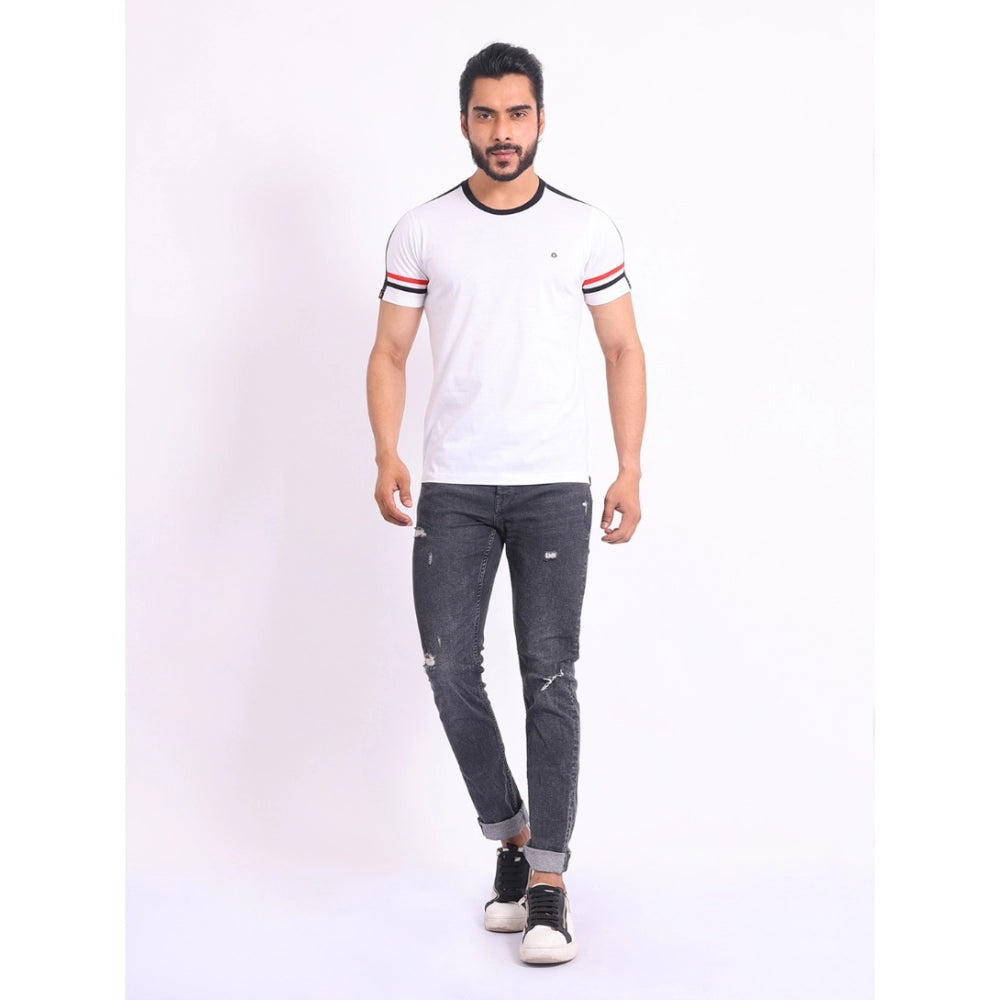 White cotton men's casual printed round neck half sleeve t-shirt with vibrant design
