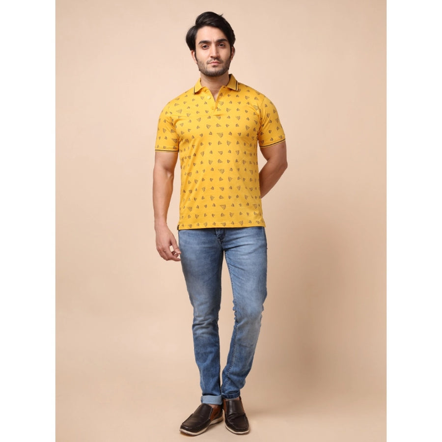 Men's casual cotton printed polo neck half sleeve t-shirt (mustard) with vibrant design on chest area