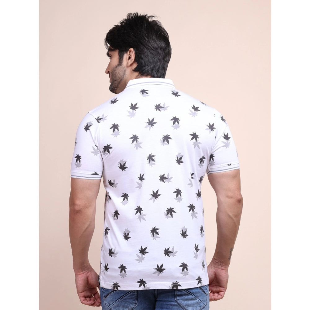 Men's white cotton printed polo neck half sleeve t-shirt - casual style with pattern detail