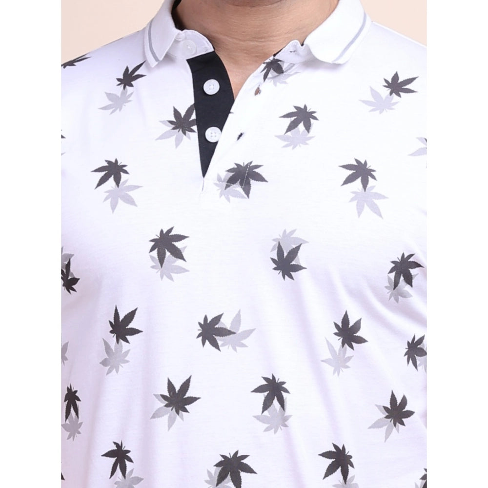 Men's casual cotton printed polo neck half sleeve white t-shirt with vibrant patterns