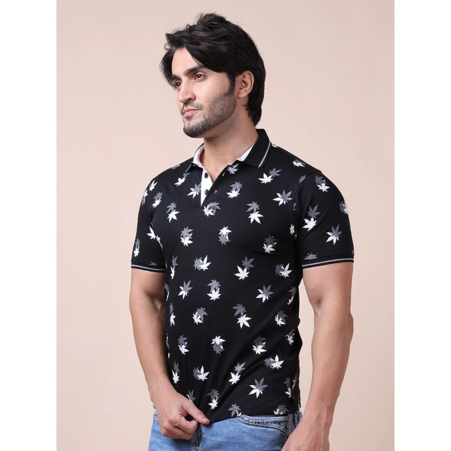 Black cotton printed polo neck half sleeve t-shirt for men - casual style on hanger