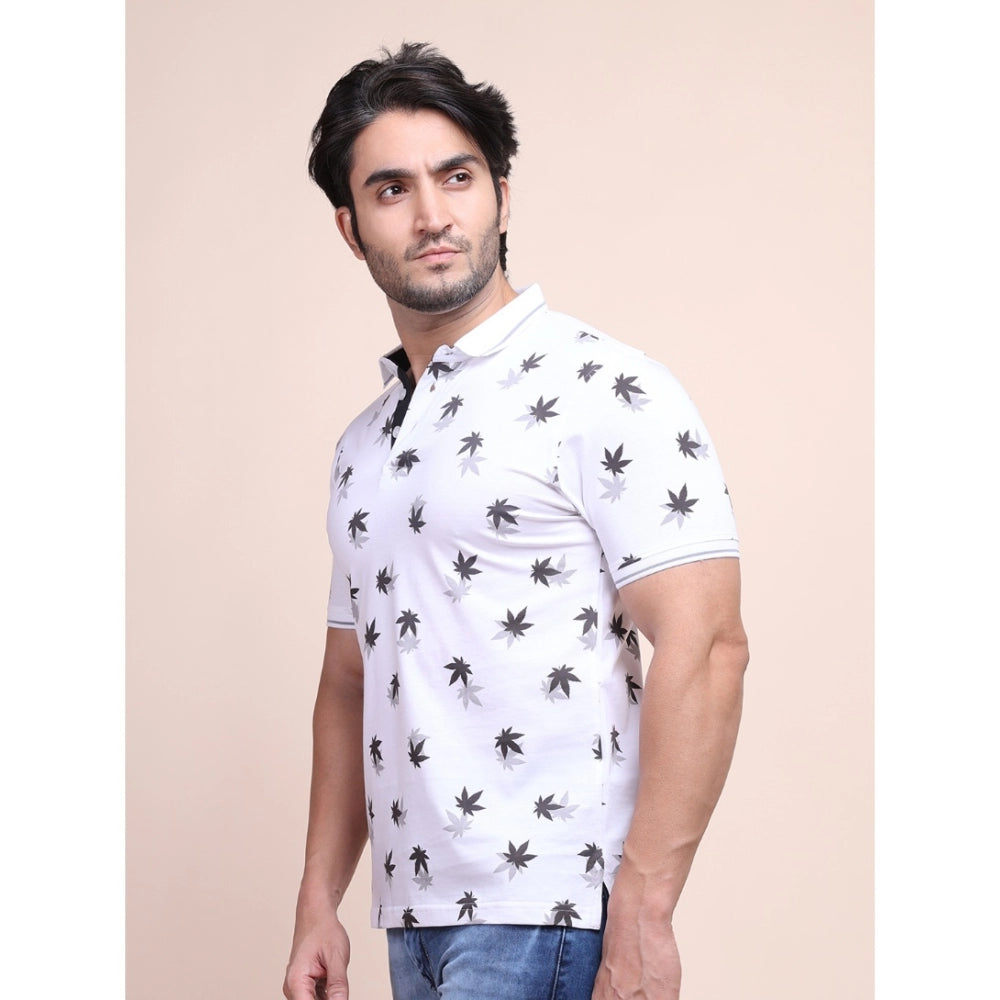 Men's white cotton printed polo neck half sleeve T-shirt, casual style with vibrant pattern design