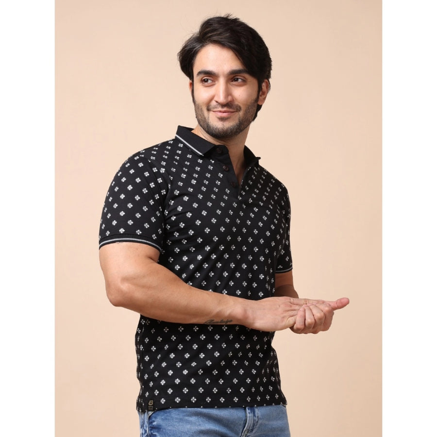 Black cotton printed polo neck half sleeve t-shirt with casual design